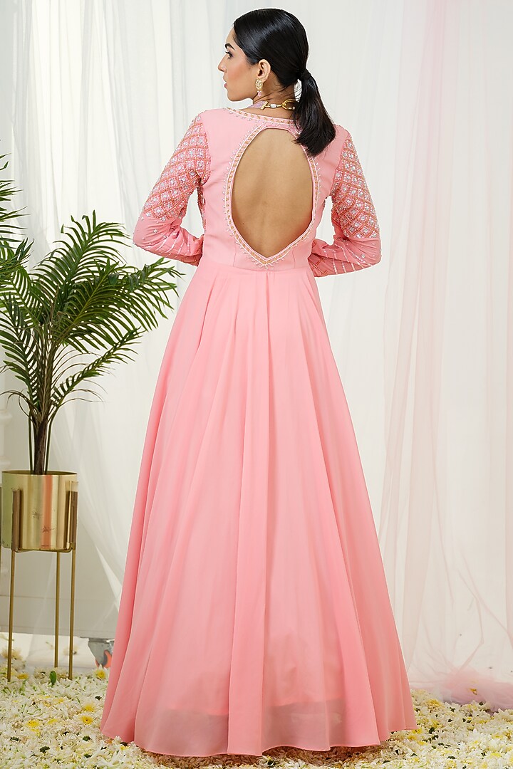 Pink Georgette Sequins Hand Embroidered Kalidar Wedding Anarkali With Dupatta by Tamaraa By Tahani at Pernia's Pop Up Shop