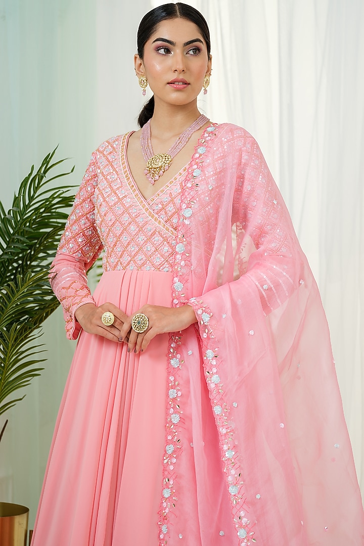 Pink Georgette Sequins Hand Embroidered Kalidar Wedding Anarkali With Dupatta by Tamaraa By Tahani at Pernia's Pop Up Shop
