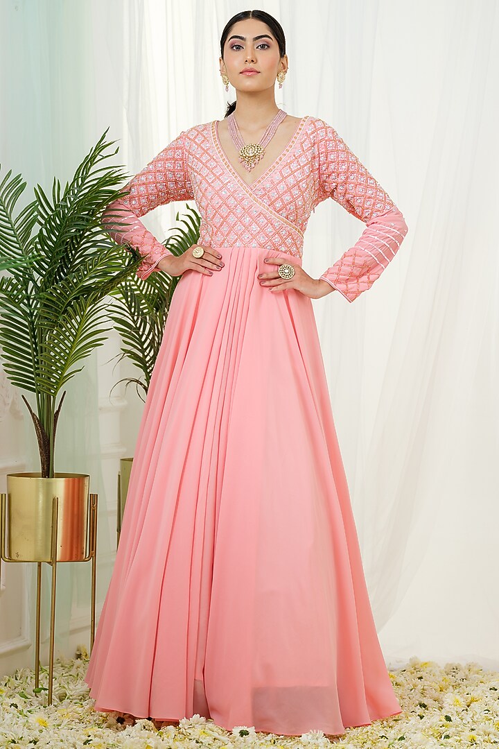 Pink Georgette Sequins Hand Embroidered Kalidar Wedding Anarkali With Dupatta by Tamaraa By Tahani at Pernia's Pop Up Shop