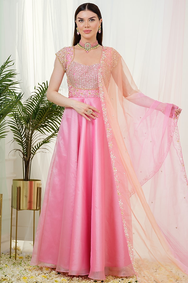 Pink Organza Sequins Hand Embroidered Wedding Anarkali With Dupatta by Tamaraa By Tahani at Pernia's Pop Up Shop