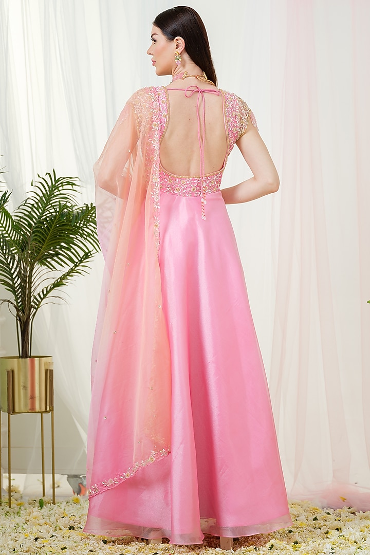 Pink Organza Sequins Hand Embroidered Wedding Anarkali With Dupatta by Tamaraa By Tahani at Pernia's Pop Up Shop