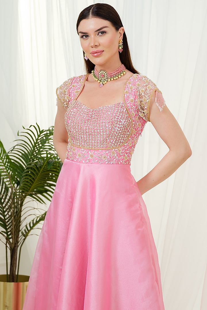 Pink Organza Sequins Hand Embroidered Wedding Anarkali With Dupatta by Tamaraa By Tahani at Pernia's Pop Up Shop