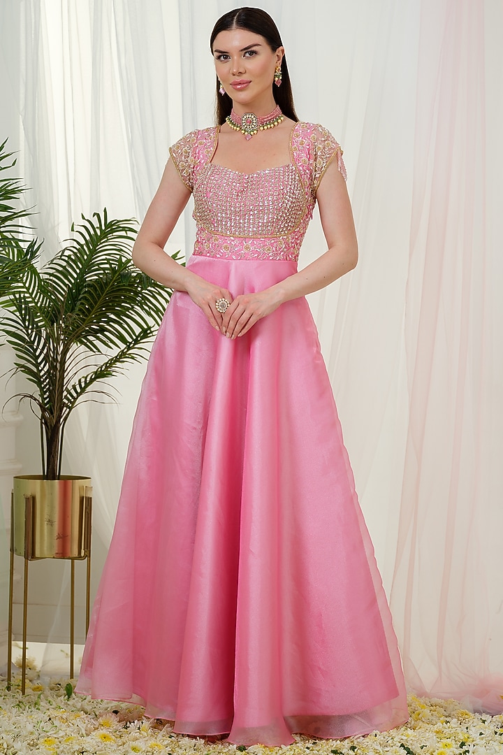 Pink Organza Sequins Hand Embroidered Wedding Anarkali With Dupatta by Tamaraa By Tahani at Pernia's Pop Up Shop