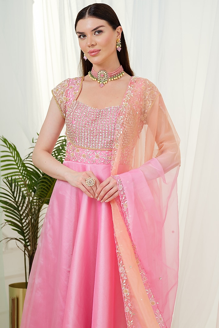 Pink Organza Sequins Hand Embroidered Wedding Anarkali With Dupatta by Tamaraa By Tahani at Pernia's Pop Up Shop
