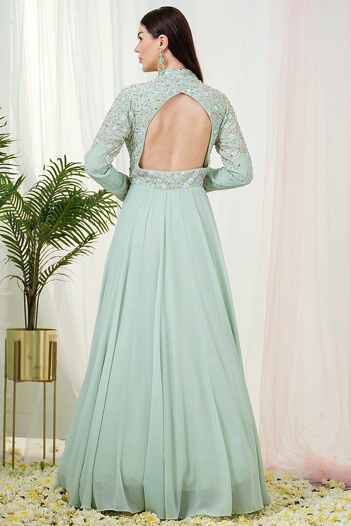 Mint Green Georgette Sequins Hand Embroidered Kalidar Wedding Anarkali Set by Tamaraa By Tahani at Pernia's Pop Up Shop