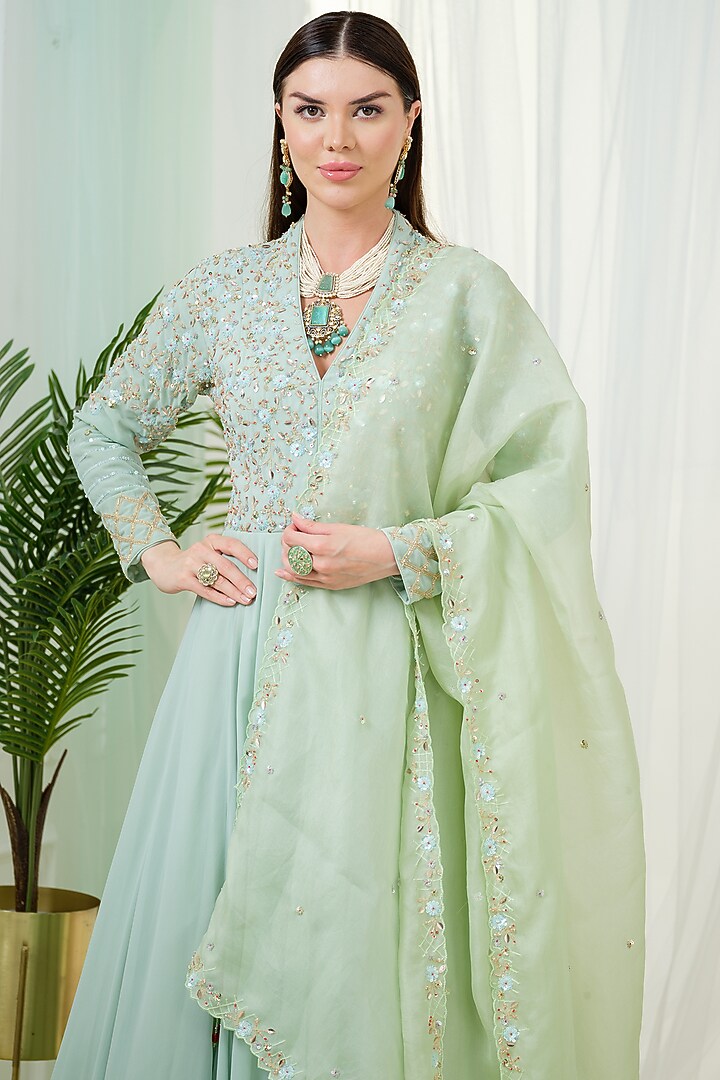 Mint Green Georgette Sequins Hand Embroidered Kalidar Wedding Anarkali Set by Tamaraa By Tahani at Pernia's Pop Up Shop