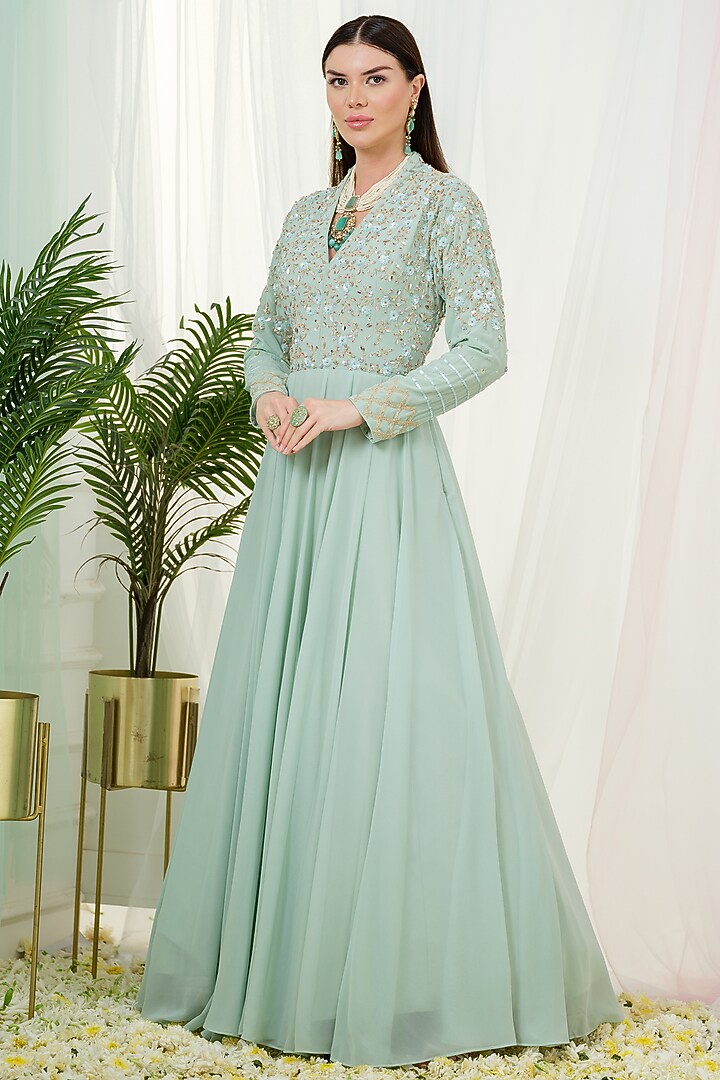 Mint Green Georgette Sequins Hand Embroidered Kalidar Wedding Anarkali Set by Tamaraa By Tahani at Pernia's Pop Up Shop