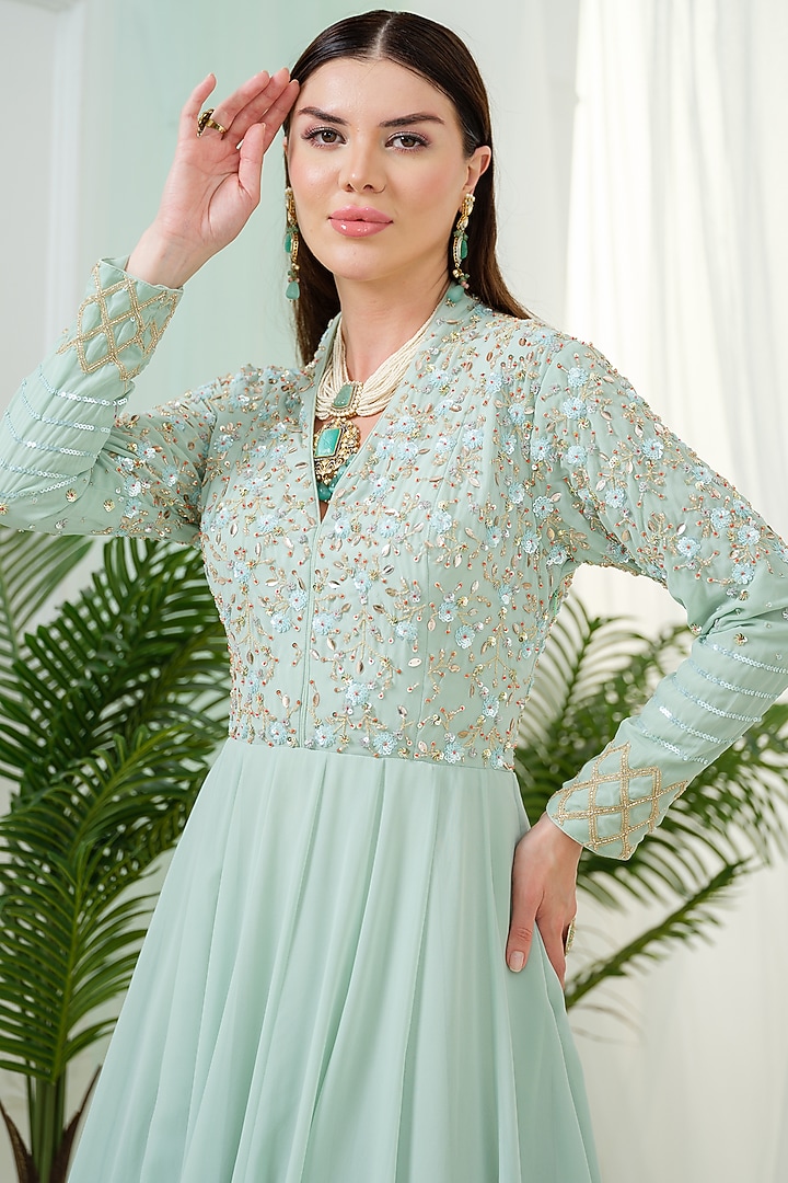 Mint Green Georgette Sequins Hand Embroidered Kalidar Wedding Anarkali Set by Tamaraa By Tahani at Pernia's Pop Up Shop
