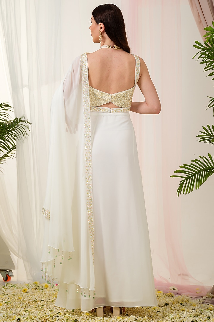 Off-White Georgette & Tulle Draped Wedding Saree Set by Tamaraa By Tahani at Pernia's Pop Up Shop