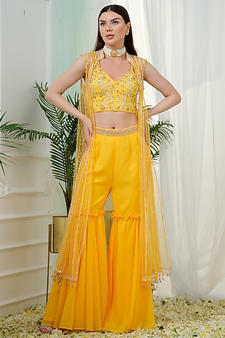 Yellow Georgette Sharara Set by Tamaraa By Tahani