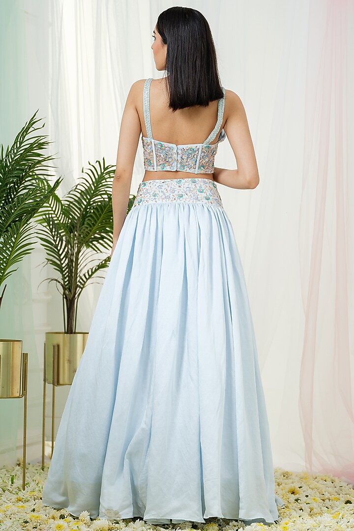 Powder Blue Linen Satin Hand Embroidered Wedding Lehenga Set by Tamaraa By Tahani at Pernia's Pop Up Shop