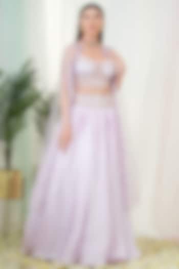 Lilac Linen Satin Hand Embroidered Jacket Wedding Lehenga Set by Tamaraa By Tahani at Pernia's Pop Up Shop