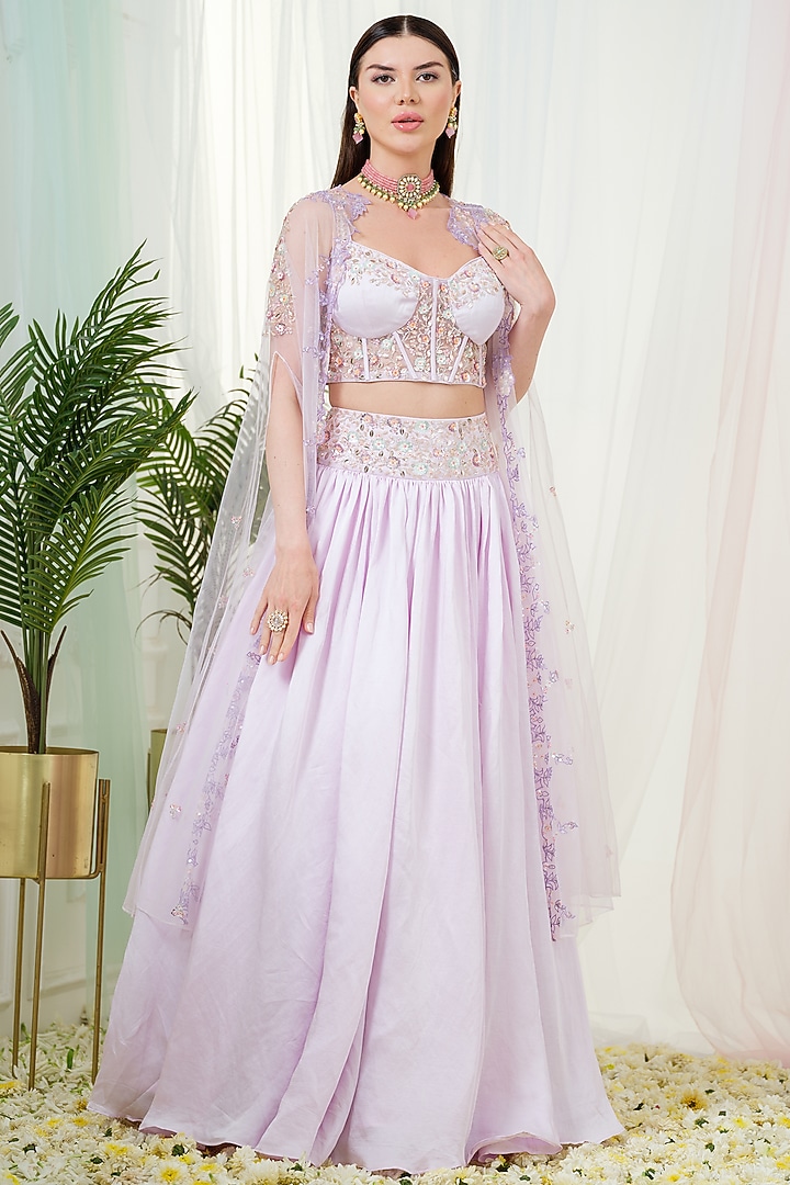 Lilac Linen Satin Hand Embroidered Jacket Wedding Lehenga Set by Tamaraa By Tahani at Pernia's Pop Up Shop