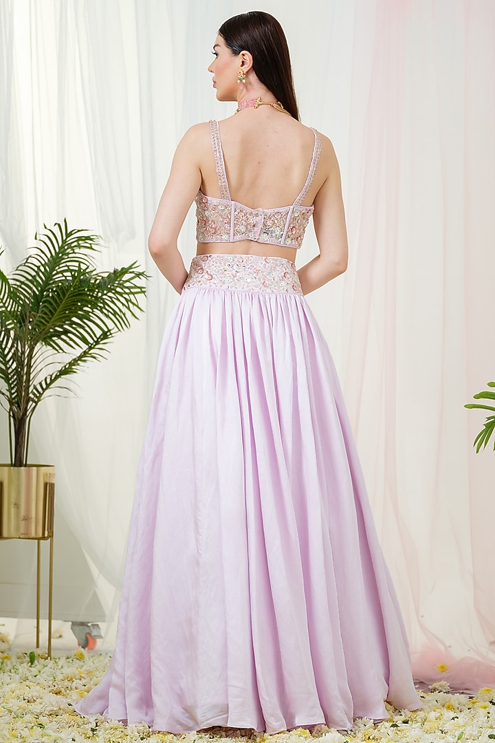 Lilac Linen Satin Hand Embroidered Jacket Wedding Lehenga Set by Tamaraa By Tahani at Pernia's Pop Up Shop