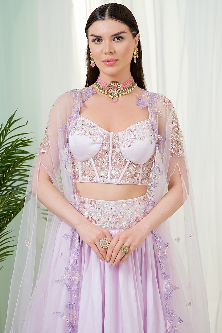 Lilac Linen Satin Hand Embroidered Jacket Wedding Lehenga Set by Tamaraa By Tahani at Pernia's Pop Up Shop