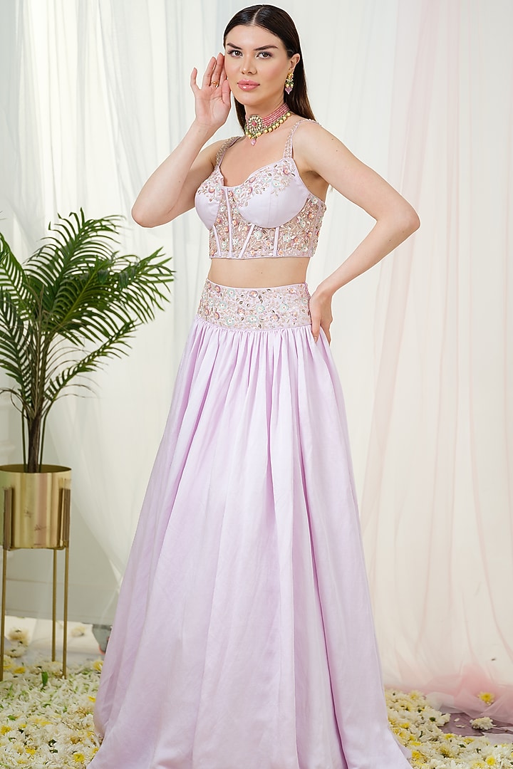 Lilac Linen Satin Hand Embroidered Jacket Wedding Lehenga Set by Tamaraa By Tahani at Pernia's Pop Up Shop