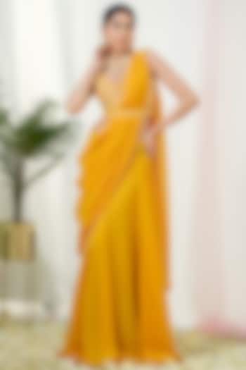 Mustard Yellow Georgette Draped Saree Set by Tamaraa By Tahani