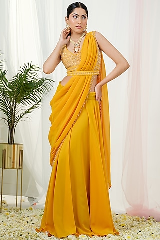 Mustard Yellow Georgette Draped Saree Set by Tamaraa By Tahani