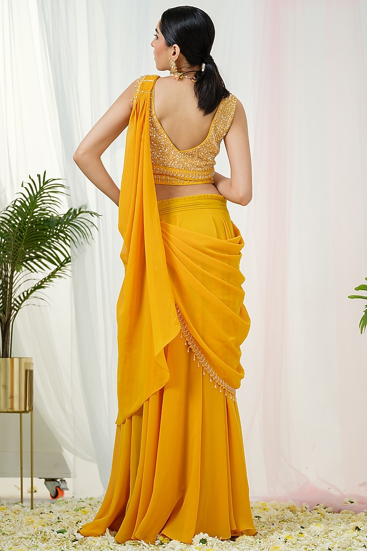 Mustard Yellow Georgette Draped Party Wear Saree Set by Tamaraa By Tahani at Pernia's Pop Up Shop