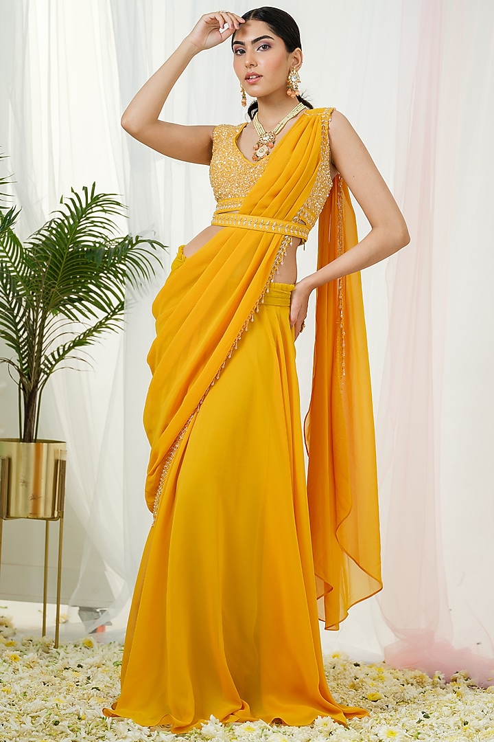 Mustard Yellow Georgette Draped Party Wear Saree Set by Tamaraa By Tahani at Pernia's Pop Up Shop
