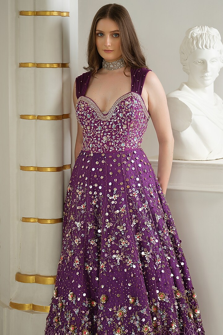Brinjal Purple Tulle & Silk Sequins Embellished Corset Wedding Gown by Tamaraa By Tahani at Pernia's Pop Up Shop