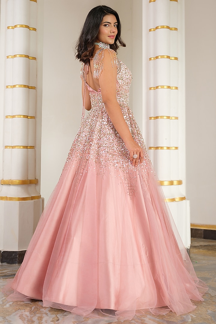 Pale Pink Tulle Sequins Embellished Engagement Gown by Tamaraa By Tahani at Pernia's Pop Up Shop