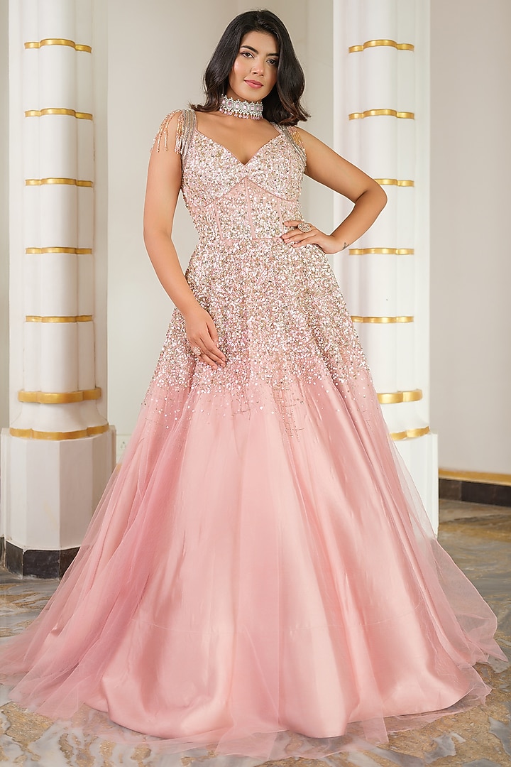 Pale Pink Tulle Sequins Embellished Engagement Gown by Tamaraa By Tahani at Pernia's Pop Up Shop