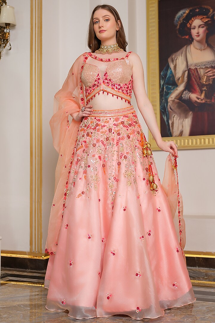 Orange Heavy Satin & Organza Hand Embroidered Wedding Lehenga Set by Tamaraa By Tahani at Pernia's Pop Up Shop