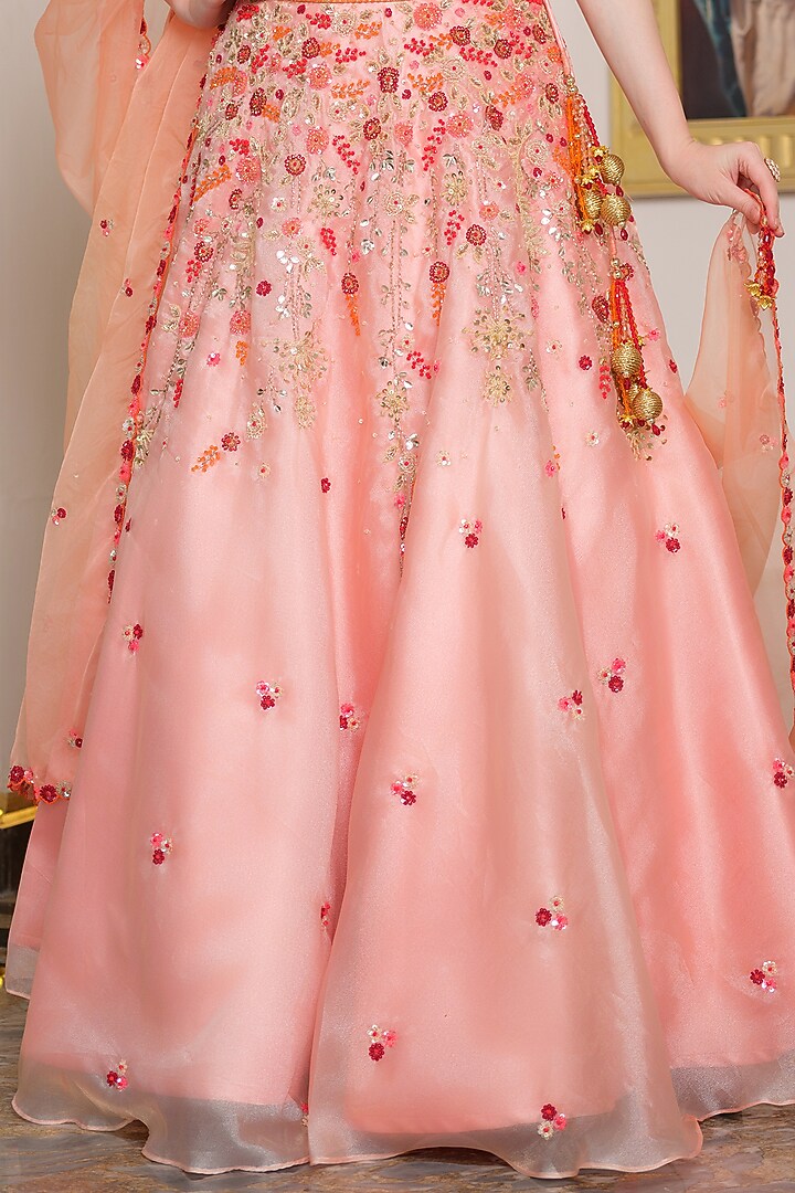 Orange Heavy Satin & Organza Hand Embroidered Wedding Lehenga Set by Tamaraa By Tahani at Pernia's Pop Up Shop