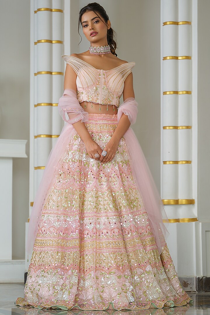 Baby Pink Tulle Hand Embroidered Bridal Lehenga Set by Tamaraa By Tahani at Pernia's Pop Up Shop