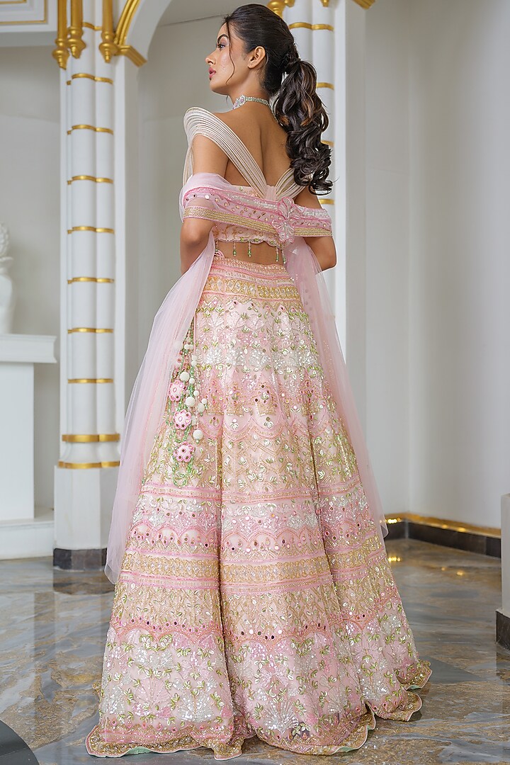Baby Pink Tulle Hand Embroidered Bridal Lehenga Set by Tamaraa By Tahani at Pernia's Pop Up Shop