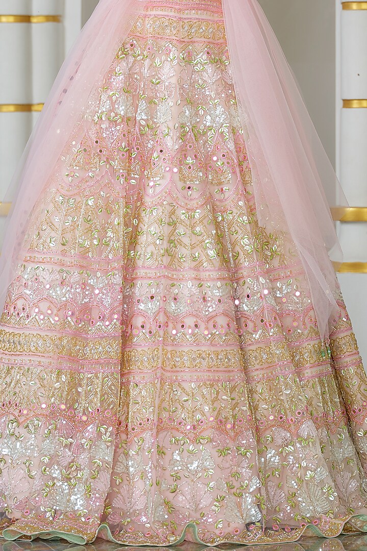 Baby Pink Tulle Hand Embroidered Bridal Lehenga Set by Tamaraa By Tahani at Pernia's Pop Up Shop