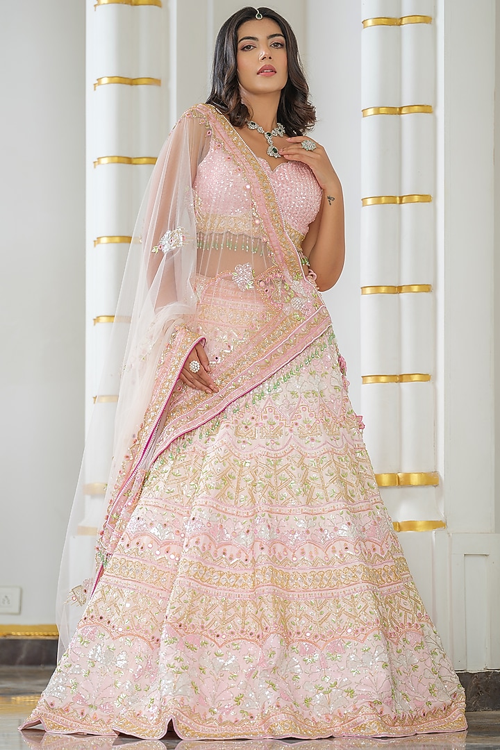 Baby Pink Tulle Hand Embroidered Bridal Lehenga Set by Tamaraa By Tahani at Pernia's Pop Up Shop