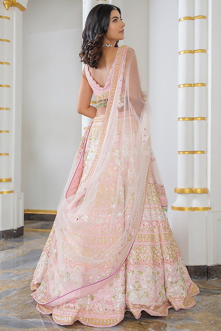 Baby Pink Tulle Hand Embroidered Bridal Lehenga Set by Tamaraa By Tahani at Pernia's Pop Up Shop