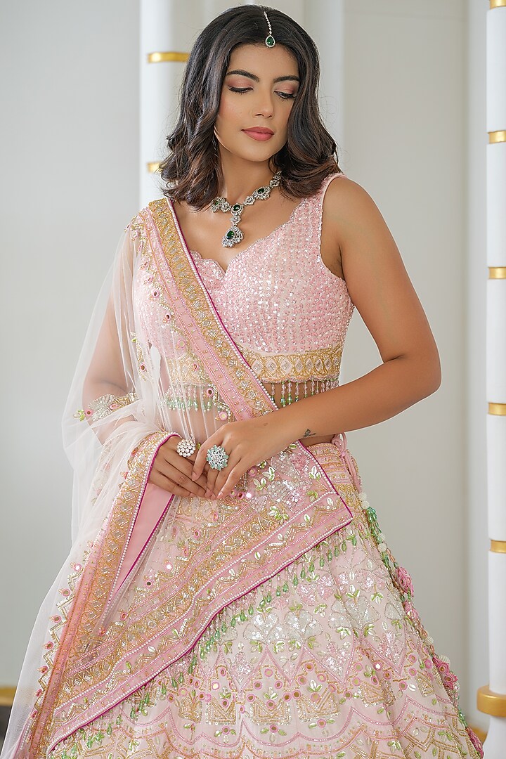 Baby Pink Tulle Hand Embroidered Bridal Lehenga Set by Tamaraa By Tahani at Pernia's Pop Up Shop
