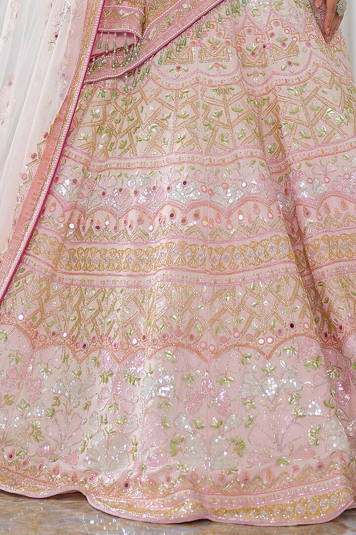Baby Pink Tulle Hand Embroidered Bridal Lehenga Set by Tamaraa By Tahani at Pernia's Pop Up Shop