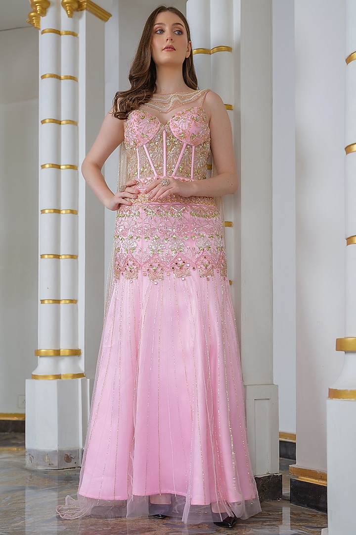 Pink Tulle & Heavy Satin Hand Embroidered Corset Draped Engagement Gown by Tamaraa By Tahani at Pernia's Pop Up Shop