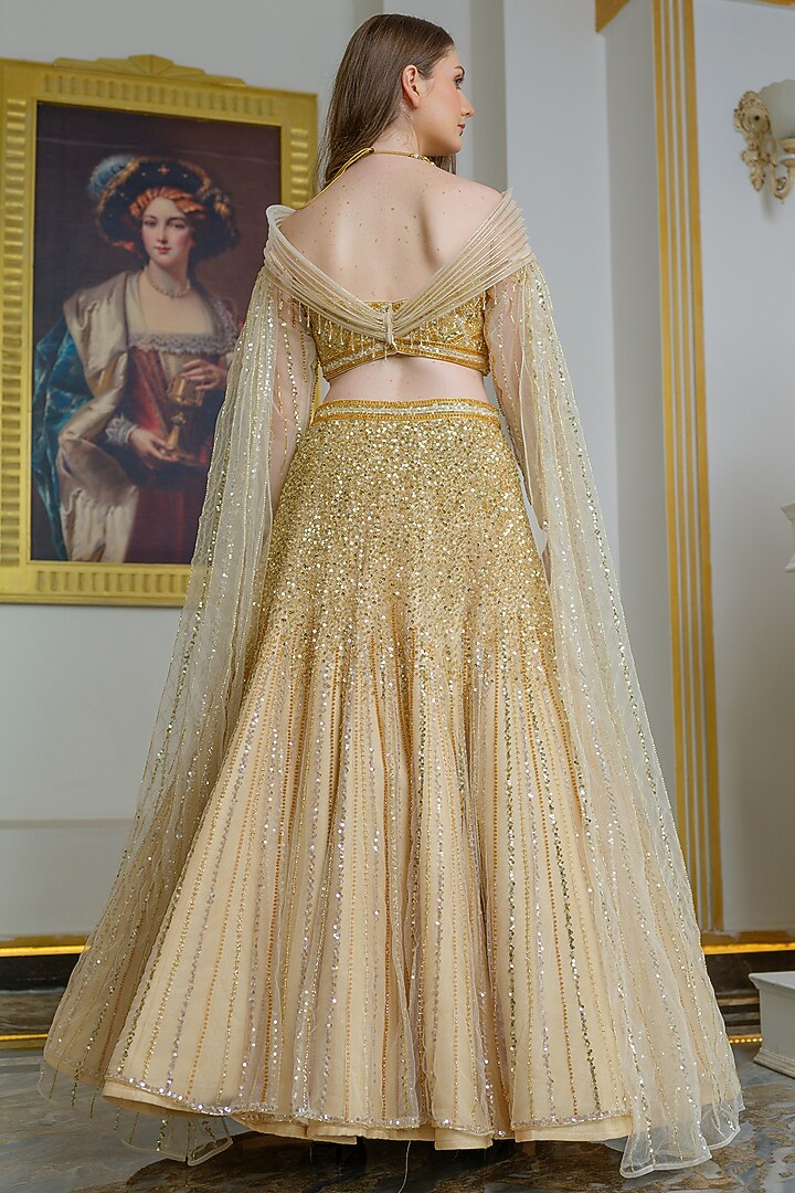 Gold Taffeta Silk Crystal Embellished Wedding Lehenga Set by Tamaraa By Tahani at Pernia's Pop Up Shop