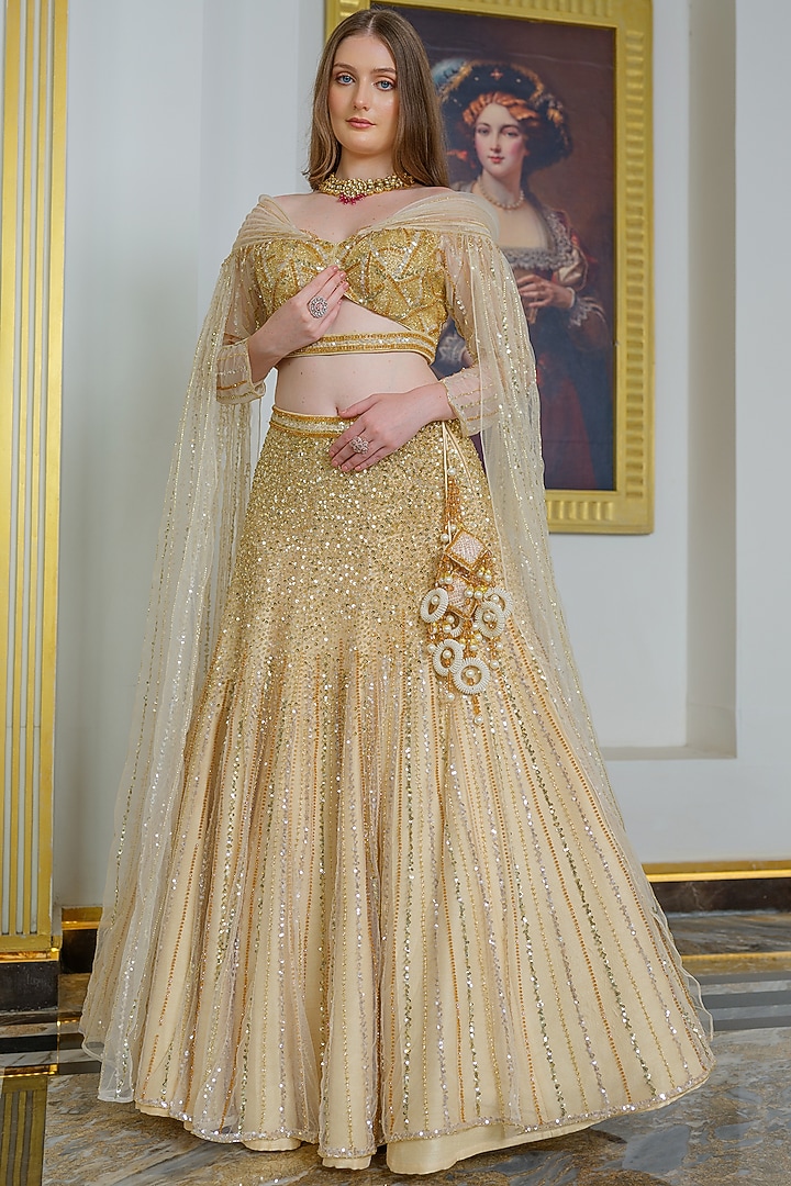 Gold Taffeta Silk Crystal Embellished Wedding Lehenga Set by Tamaraa By Tahani at Pernia's Pop Up Shop