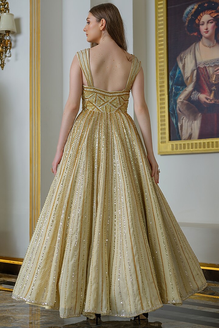 Gold Taffeta Silk Crystal Embellished Corset Flared Wedding Gown by Tamaraa By Tahani at Pernia's Pop Up Shop