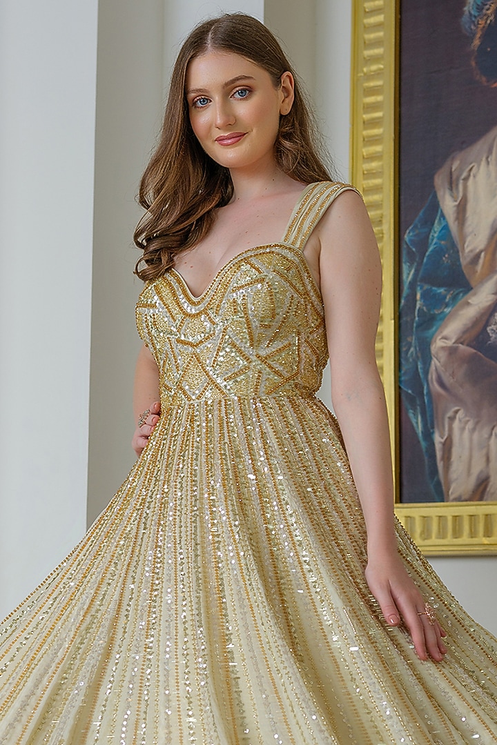 Gold Taffeta Silk Crystal Embellished Corset Flared Wedding Gown by Tamaraa By Tahani at Pernia's Pop Up Shop