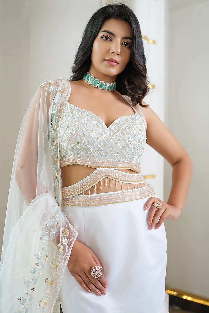 White Satin & Tulle Crystal Embroidered Mermaid Wedding Lehenga Set by Tamaraa By Tahani at Pernia's Pop Up Shop
