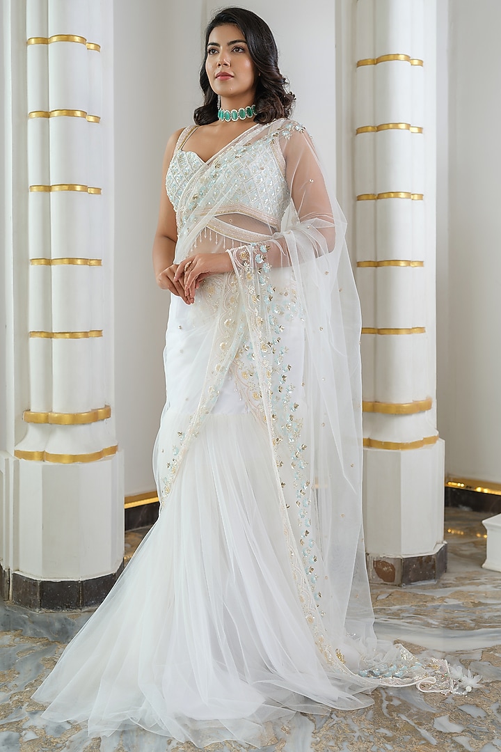 White Satin & Tulle Crystal Embroidered Mermaid Wedding Lehenga Set by Tamaraa By Tahani at Pernia's Pop Up Shop