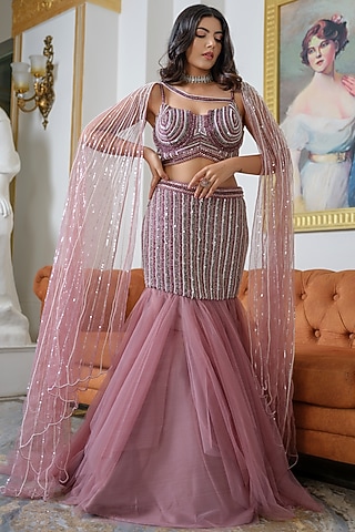 Mauve Satin & Tulle Crystal Embroidered Mermaid Lehenga Set by Tamaraa By Tahani