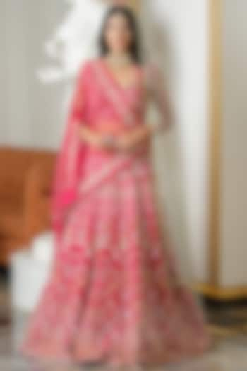 Cherry Pink Silk & Tulle Floral Embroidered Bridal Lehenga Set by Tamaraa By Tahani at Pernia's Pop Up Shop