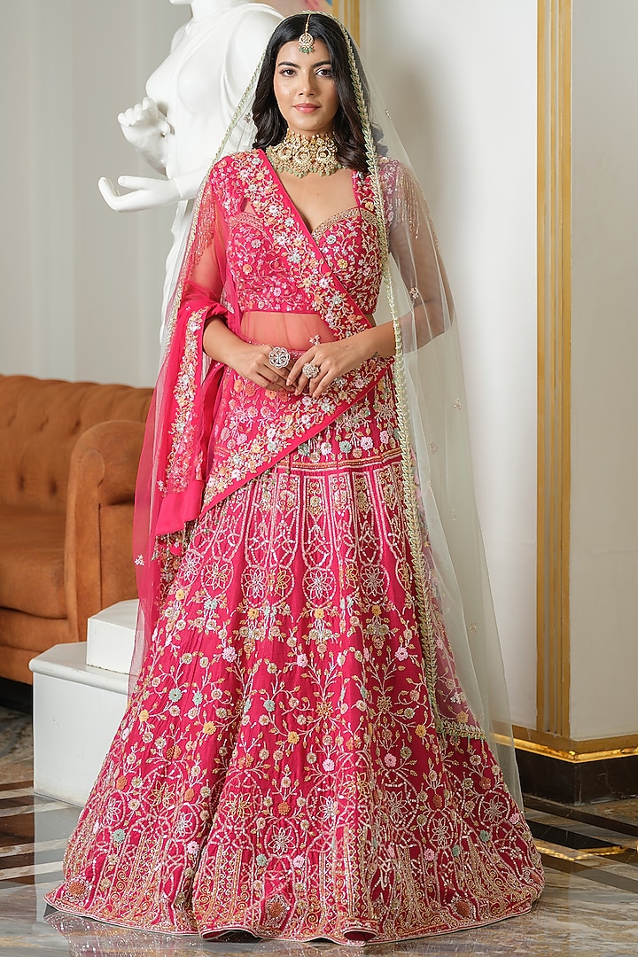 Cherry Pink Silk & Tulle Floral Embroidered Bridal Lehenga Set by Tamaraa By Tahani at Pernia's Pop Up Shop