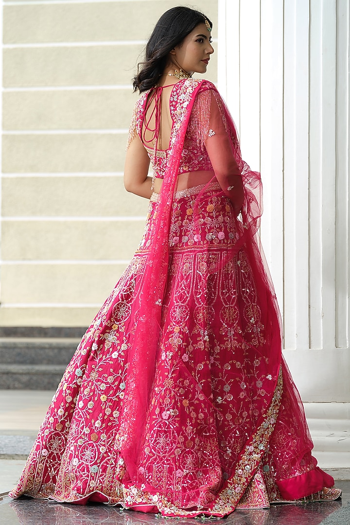 Cherry Pink Silk & Tulle Floral Embroidered Bridal Lehenga Set by Tamaraa By Tahani at Pernia's Pop Up Shop