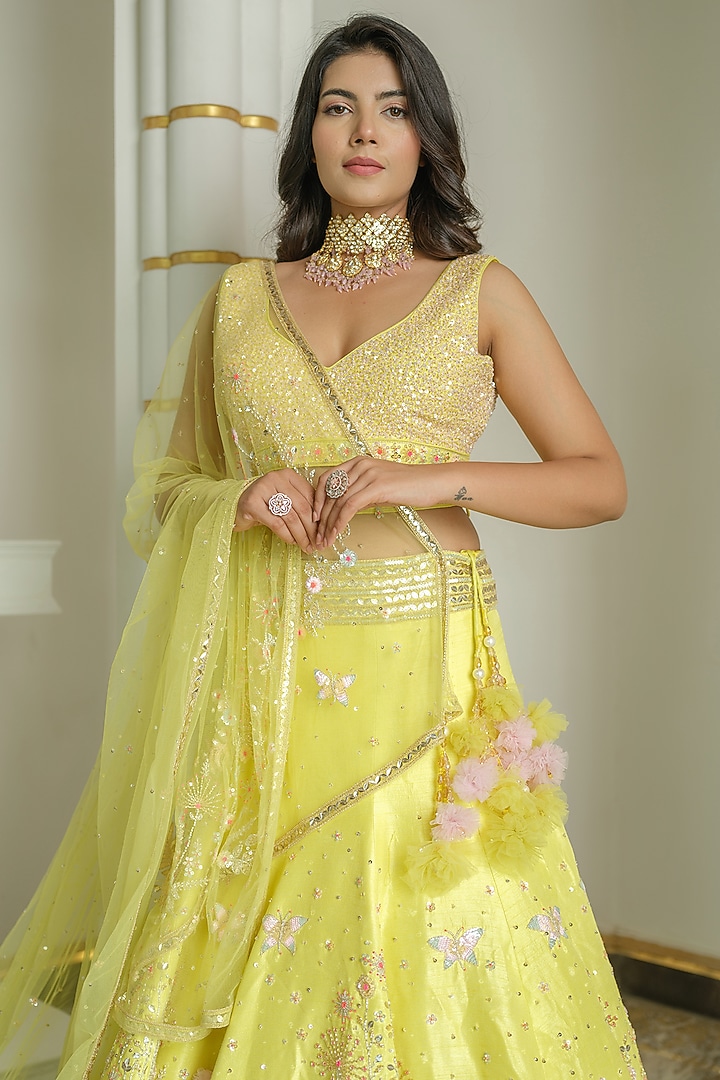 Lime Green Silk & Tulle Crystal Embroidered Butterfly Wedding Lehenga Set by Tamaraa By Tahani at Pernia's Pop Up Shop