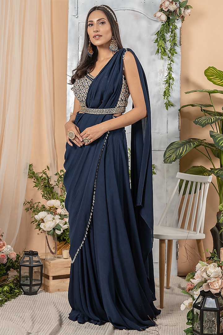 Dark Navy Blue Hand Embroidery Draped Lehenga Set by Tamaraa By Tahani