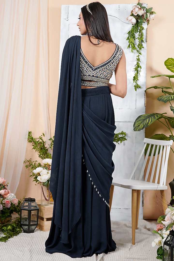 Dark Navy Blue Hand Embroidery Draped Lehenga Set by Tamaraa By Tahani at Pernia's Pop Up Shop